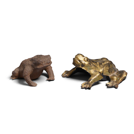 TWO FROG SCULPTURES early 20th century, one cast iron, the other patinated bronzelength of larger 10 1/2in (27cm) image 1