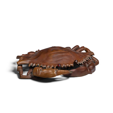 A PATINATED BRONZE CRAB SPITTOON WITH RED GLASS EYES early 20th century, with liner absentwidth 15in (38.1cm) image 1
