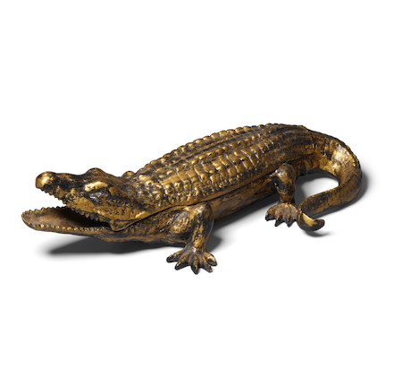 A GILT BRONZE 'ALLIGATOR' DOUBLE INKWELL early 20th century, lacking glass linerslength 15in (38cm) image 1