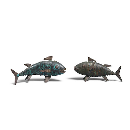 TWO GRAZIELLA LAFFI ARTICULATED SILVER FISH-FORM SCULPTURES mid 20th century, one markedlength of longest 7in image 1