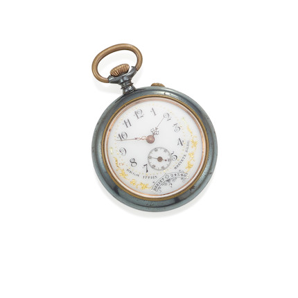 A RARE BREVET EROTIC GUNMETAL POCKET WATCH the front with a white dial, black numbers and a second dial, the reverse with a rotation of female nude figures, in fitted burgundy velvet box, dial diameter of watch 1 1/4in (3.3cm) image 1
