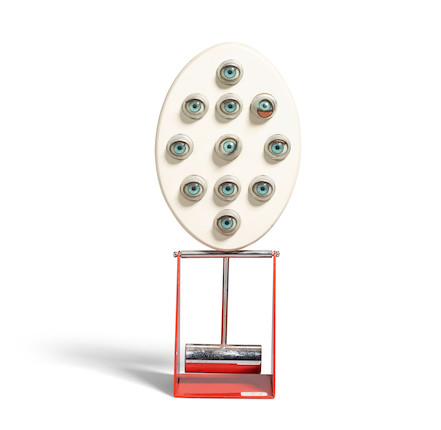 ENNIO CHIGGIO (BORN 1938) Occhio di Bambola (Kinetic Sculpture)1983enameled and chromed metal, glass, with label on underside, numbered 66height 14in (36cm); width 6in (15cm); depth 5in (13cm) image 1