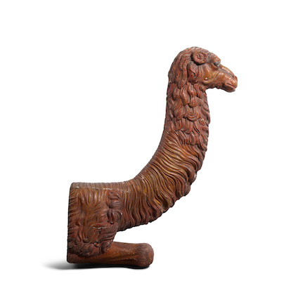 A CARVED AND POLYCHROMED WOOD 'CAMEL' CAROUSEL FIGURE COMPONENT height 38in (97cm); width 28in (71cm); depth 4in (10cm) image 1