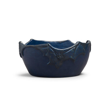 A RARE ARTS AND CRAFTS BLUE AND BLACK GLAZED EARTHENWARE 'BAT' BOWL height 4in (10cm); diameter 8 1/2in (22cm) image 2