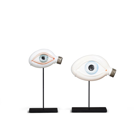TWO PAINTED MILK GLASS 'EYEBALL' FLASKS WITH METAL CAPS ON STANDS  height of tallest with stand 7in (18cm) image 1