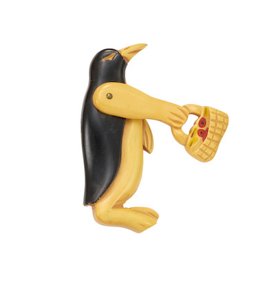 A RARE ARTICULATED CREAM WITH BLACK PAINTED PENGUIN WITH MOVEABLE ARM HOLDING BASKET length 3in (7.6cm) image 1
