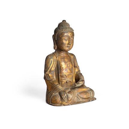 A GILT BRONZE SEATED BUDDHA SHAKYAMUNI Ming dynasty image 3