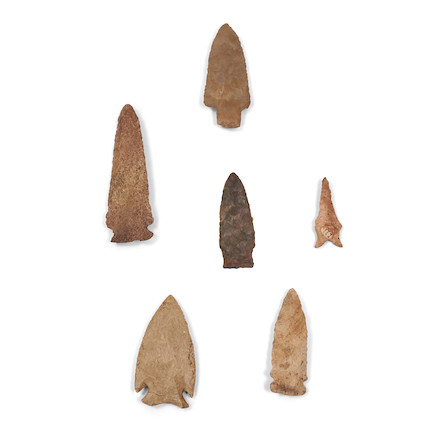 Bonhams Skinner : Six prehistoric stone spear points lg. 5, 3 7/8, 3 1/ ...