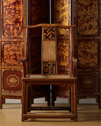A VERY RARE HUANGHUALI 'WANNIAN TAIPING' YOKEBACK ARMCHAIR, GUANMAOYI  Ming dynasty, 16th/17th century image 16