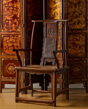 A RARE AND EXCEPTIONAL HUANGHUALI AND NANMU 'FU' CHARACTER YOKEBACK ARMCHAIR, GUANMAOYI Ming dynasty, 16th/17th century image 17