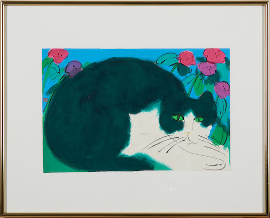 Walasse Ting (American/Chinese, 1929-2010) Resting Cat 9 3/8 x 14 1/8 in. (23.8 x 35.9 cm) framed 16 1/4 x 20 1/4 x 1 1/4 in. image 2