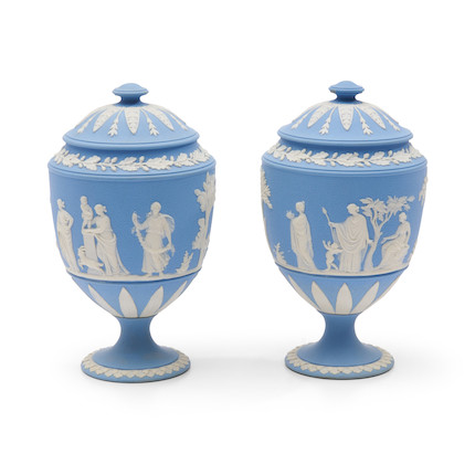Pair of Wedgwood Solid Light Blue Jasper Vases and Covers, England, 19th century, image 1