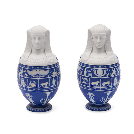 Pair of Wedgwood Dark Blue Jasper Dip Canopic Jars and Covers, England, early 19th century, image 1