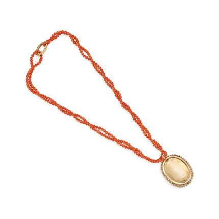 A GOLD, CORAL AND SEED PEARL CAMEO NECKLACE image 3