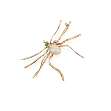 A ROSE GOLD, CULTURED PEARL AND GARNET SPIDER BROOCH image 1