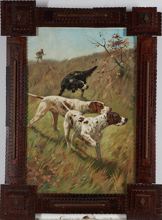 Chromolithograph of Hunting Dogs in a Folk Art Carved Wooden Frame image 1