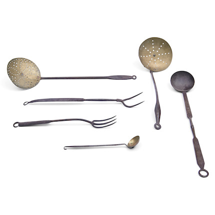 Bonhams Skinner : Six Wrought Iron and Brass Hearth Cooking Implements ...