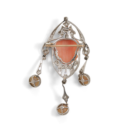 Bonhams Skinner : A BELLE ÉPOQUE PLATINUM, CORAL, AND DIAMOND PENDANT