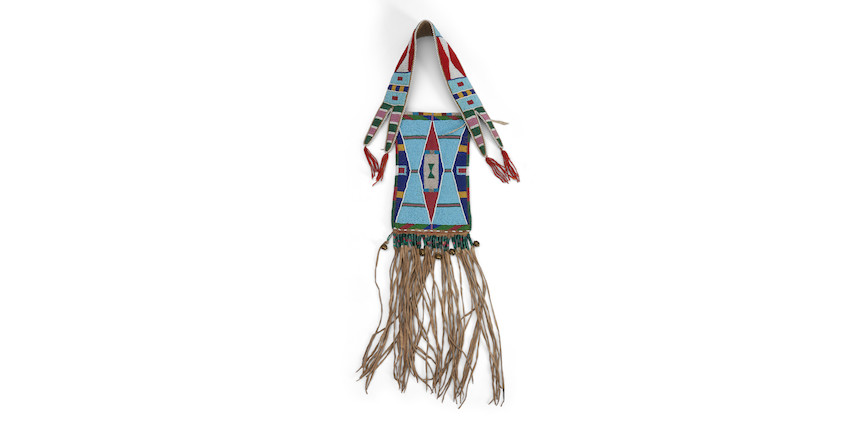 An Apsáalooke (Crow) beaded hide mirror bag lg. incl. fringe 24 1/2 in. image 2