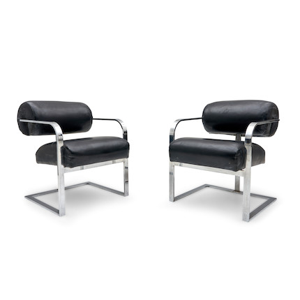Pair of Contemporary Black Leather Chromed Armchairs image 1