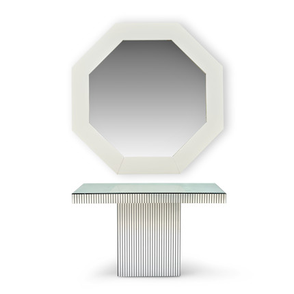 Art Deco-style Chrome-painted Console Table and Large White-lacquered Hexagonal Mirror image 1