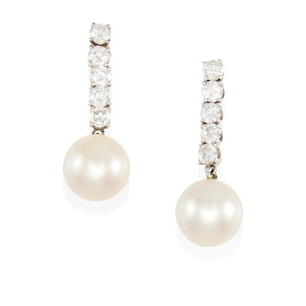 Bonhams : A PAIR OF PALLADIUM, CULTURED PEARL AND DIAMOND EARRINGS