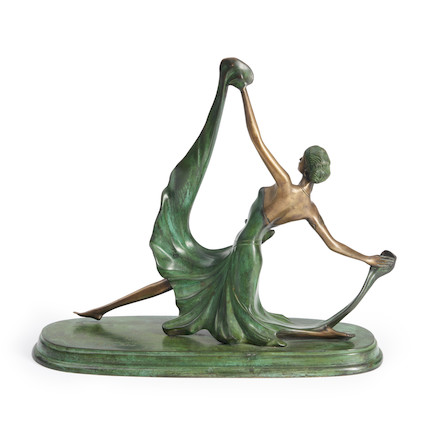 Art Deco Dancer Bronze Sculpture late 20th century, incised signature F. De Pictro. ht. 15 1/2, base, wd. 18, dp. 6 1/2 in. image 4