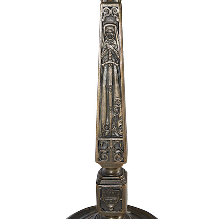 Tiffany Studios Empire Jewel Table Lamp, New York, New York, 1910-1913, leaded glass and patinated bronze, shade with stamped mark Tiffany Stvdios N.Y. 1958, dia. 23 1/4, with an Old English base, four-socket cluster, Perkins paddle switches, stamped mark Tiffany Studios New York 557, total ht. 25 3/4 in.Literature Alistair Duncan, Tiffany Lamps and Metalwork, (new edition), shade, plate 833, p. 214, base, plate 834, p. 215. image 6
