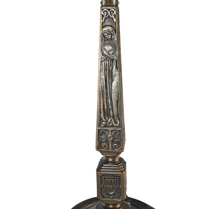 Tiffany Studios Empire Jewel Table Lamp, New York, New York, 1910-1913, leaded glass and patinated bronze, shade with stamped mark Tiffany Stvdios N.Y. 1958, dia. 23 1/4, with an Old English base, four-socket cluster, Perkins paddle switches, stamped mark Tiffany Studios New York 557, total ht. 25 3/4 in.Literature Alistair Duncan, Tiffany Lamps and Metalwork, (new edition), shade, plate 833, p. 214, base, plate 834, p. 215. image 5