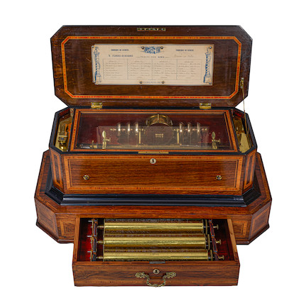 Bonhams : A SWISS PART EBONIZED AND SATINWOOD INLAID FOUR-CYLINDER ...