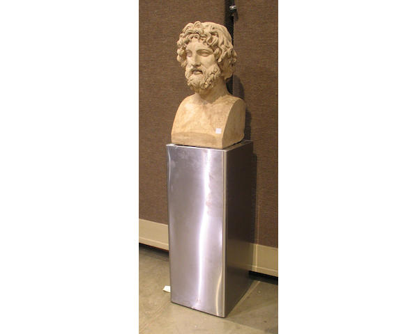 A Coadestone terracotta bust of an ancient, 20th Century, inscribed Coade's Terra-cotta Lambeth, together with a brushed aluminum rectangular square pedestal