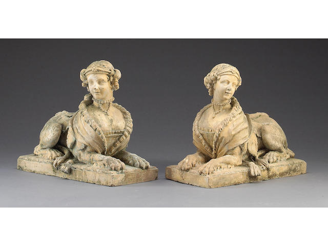 A pair of Continental terracotta sphinx