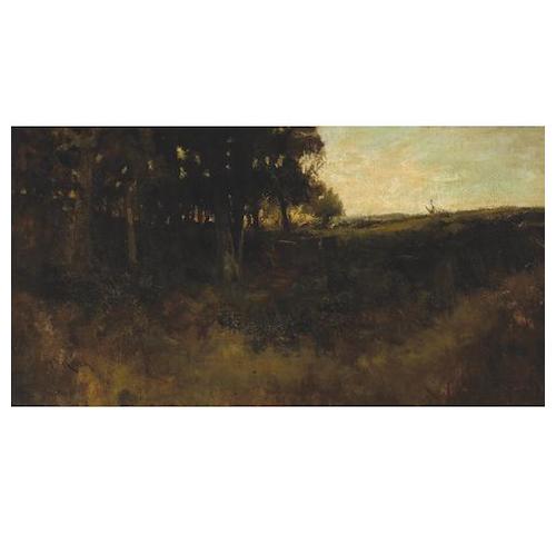 William Keith (American, 1838-1911) A forest clearing at sunset 16 x 31in