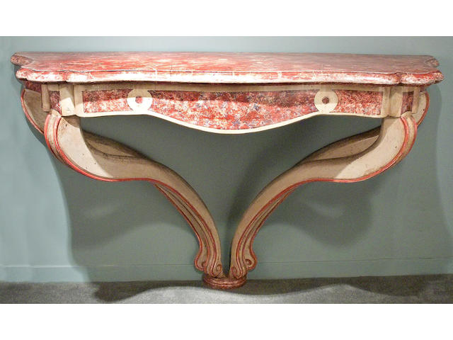 A fine pair of Northern Italian Rococo faux marble and painted console tables