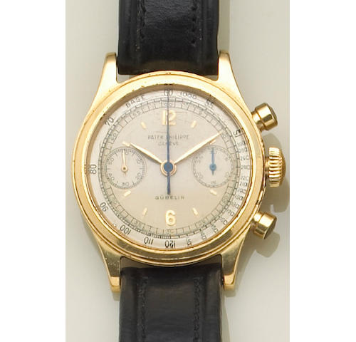 A Patek Philippe, Geneve gold chronograph leather strap wristwatch, reference #1463,