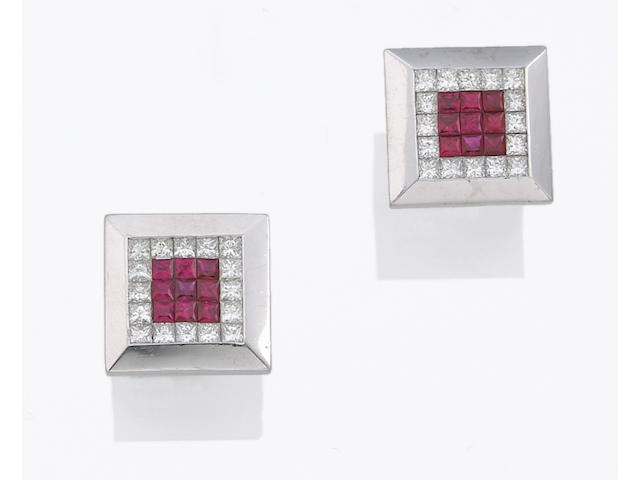 A pair of ruby, diamond and platinum cufflinks