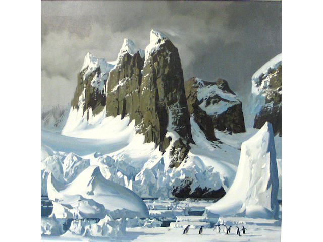 Keith Shackleton  (British b. 1923) Adelie Penguins in Antarctica 24 x 23 3/4in