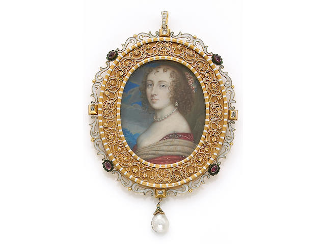 A gem-set, enamel and eighteen karat gold frame-pendant with portrait
