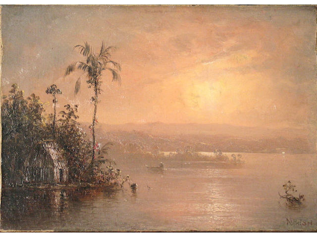 Norton Bush (American 1834-1894) A tropical landscape with a hut by a river 10 x 14in unframed