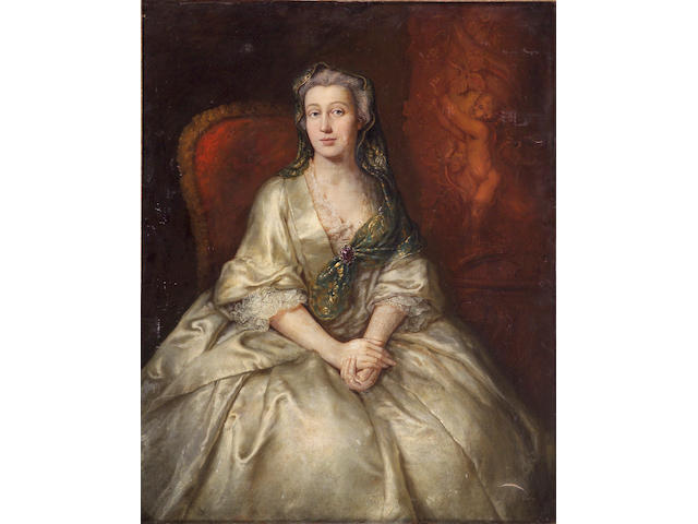 Studio of Allan Ramsay (Scottish 1713-1784) A portrait of a lady, three-quarter-length, seated, in a white dress 50 x 40in