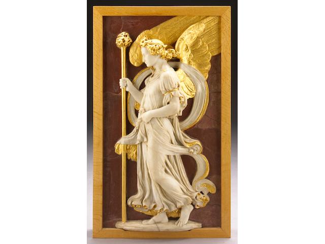 A carved white marble and parcel gilt relief panel of an angel with sponge and rod on a faux rosso antico ground