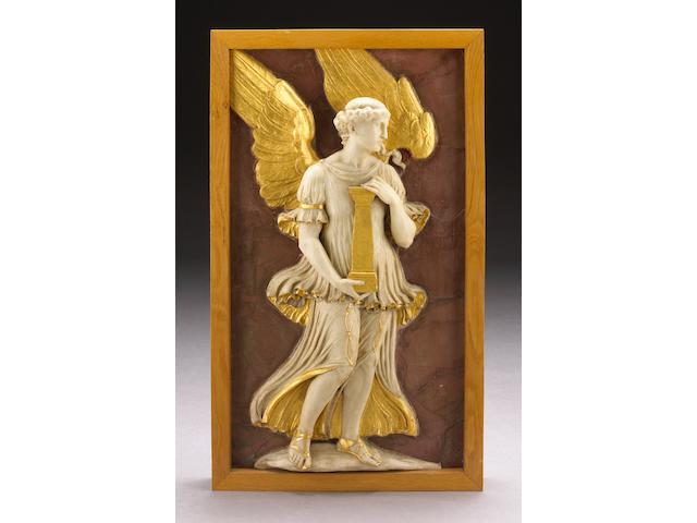 A carved white marble and parcel gilt relief panel of an angel with column on a faux rosso antico ground