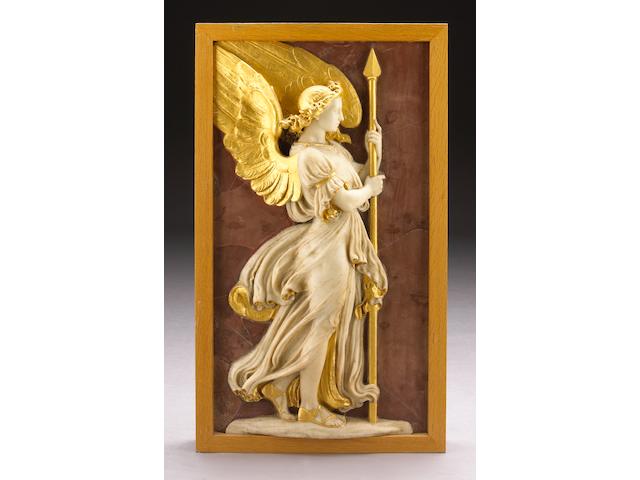 A carved white marble and parcel gilt relief panel of an angel with spear on a faux rosso antico ground