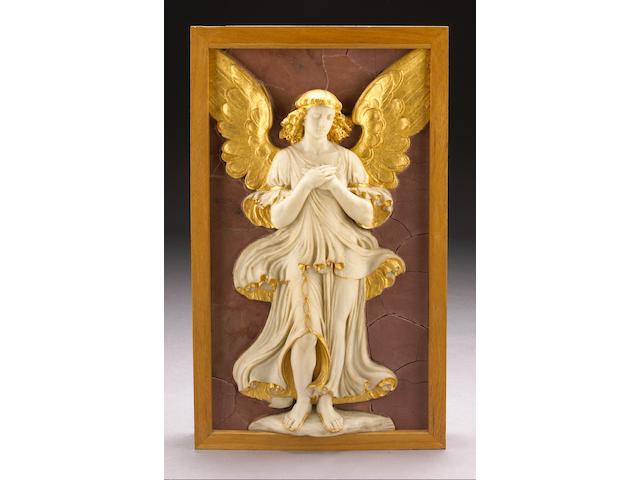 A carved white marble and parcel gilt relief panel of an angel with arms crossed in prayer on a faux rosso antico ground