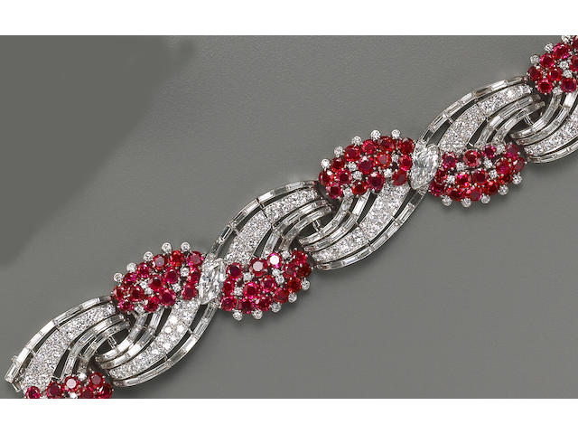 A ruby, diamond and platinum bracelet, Oscar Heyman & Brothers,