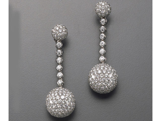 A pair of diamond and eighteen karat white gold drop earrings, deGrisogono