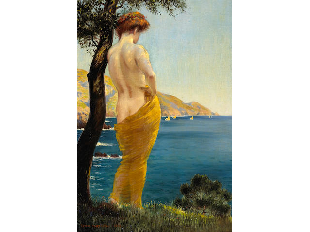 Ferdinand Schmoll (German 20th century) A woman by a shore, 1912 25 1/2 x 17 1/2in