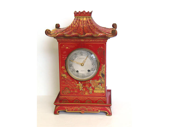 A George III style chinoiserie red lacquer bracket clock