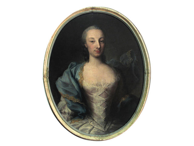 French School (18th century) A portrait of a lady, half-length, in a white dress and a blue wrap; also a companion portrait (a pair) oval 33 1/4 x 26in