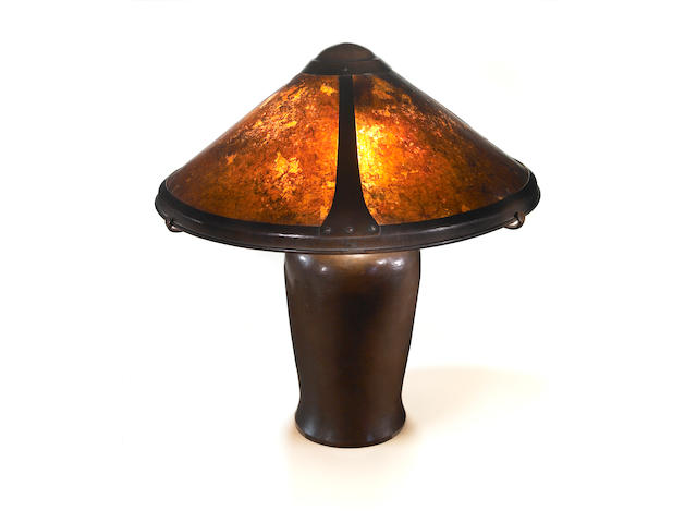 A Dirk Van Erp hammered copper and mica  table lamp